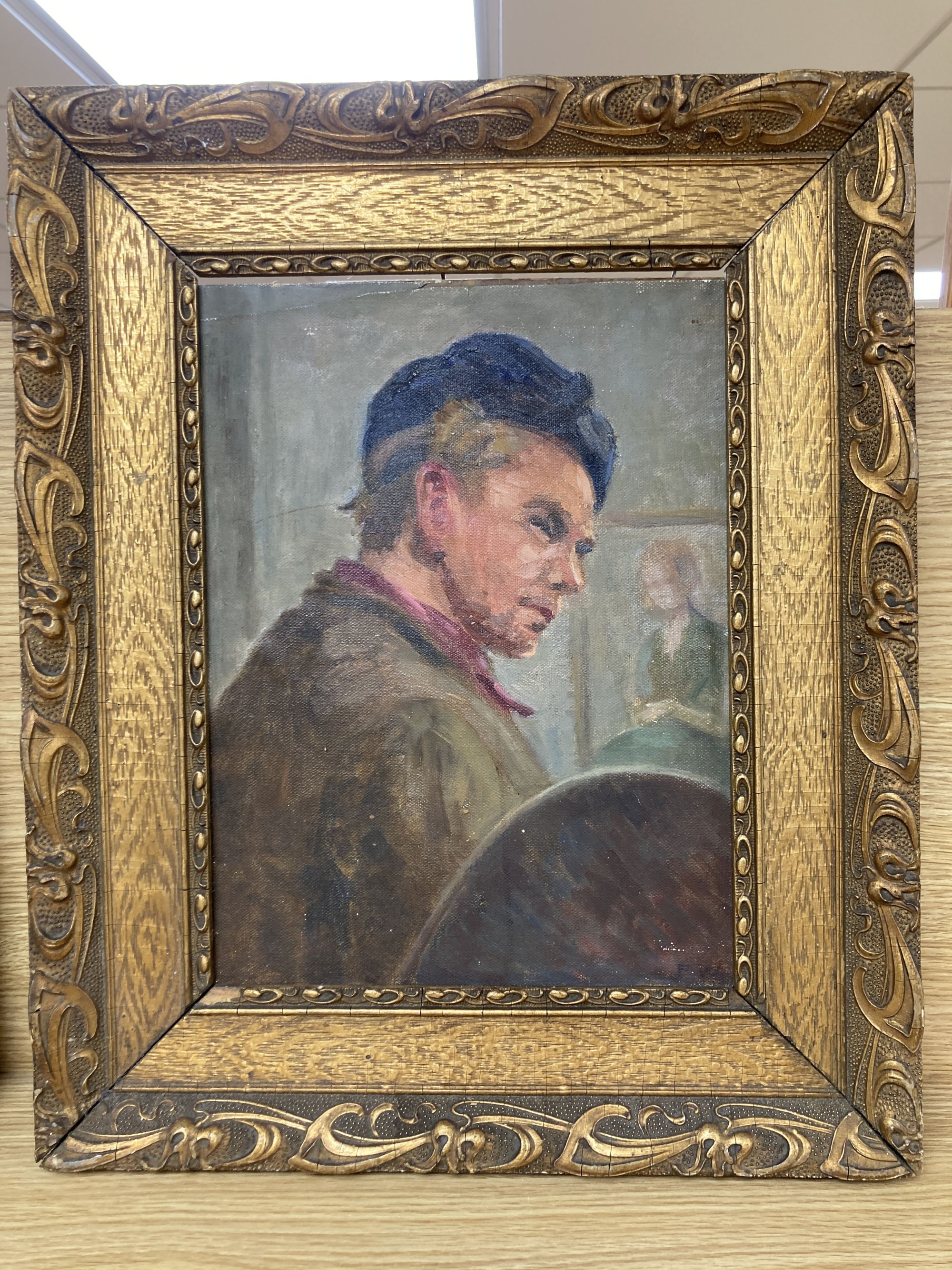 Frederick Whiting (1874-1962), oil on canvas laid on board, Study of an artist, possibly a self portrait, inscribed verso, 28 x 21cm